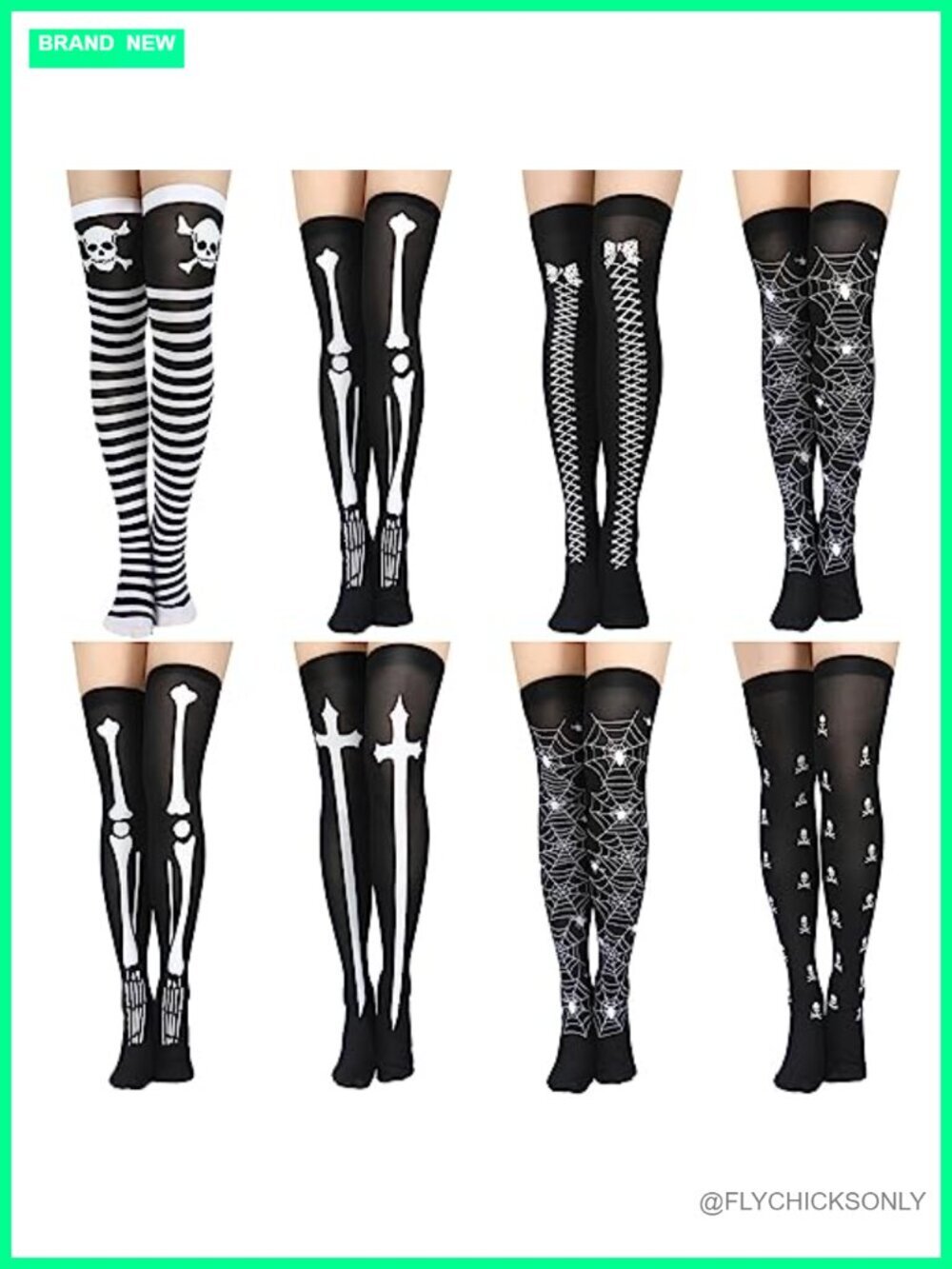 8 Pairs Thigh High Socks Gothic Skeleton Spooky Over Knee Halloween Cosplay
